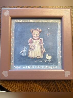 Vintage Teddy Bear “What Are Little Girls Made Of” Framed Art Pink Nursery